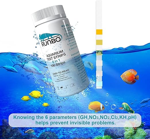 RUNBO Aquarium Test Strips 6 in1 for Fresh/Salt Water Fish Tank Aquarium, 100 Count Easy and Accurate Test Nitrate, Nitrite, General Hardness, Free Chlorine, Carbonate, Ph