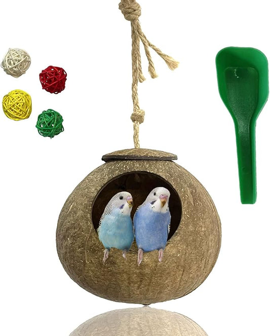 kathson Natural Coconut Shell Bird Nest,Hanging Coco Birds House,Parrots Hide Hut Habitats Decor,Parrot Cage Accessories for Lovebirds Cockatiel Canary Budgies,Feeder Spoon,4 Toy Balls(6 Pcs)