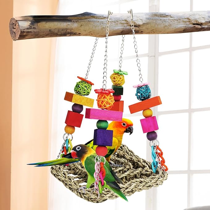 Bird Toys Parakeet Toys Conure Toys Bird Foraging Wall Toy,Seagrass Woven Hammock Swing Mat for Climb Perch Swing with Colorful Wooden Chewing Toys for Lovebirds,Parakeets,Conure,Cockatiel (Middle)