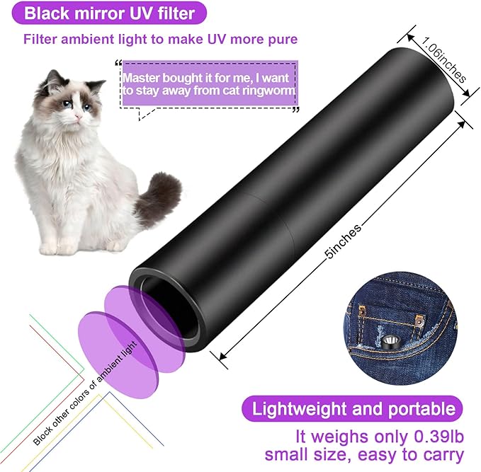 365nm Flashlight Black Light,Portable Handheld Cat Ringworm Detector lamp,for Dog Cat Care and Resin Curing (Black)