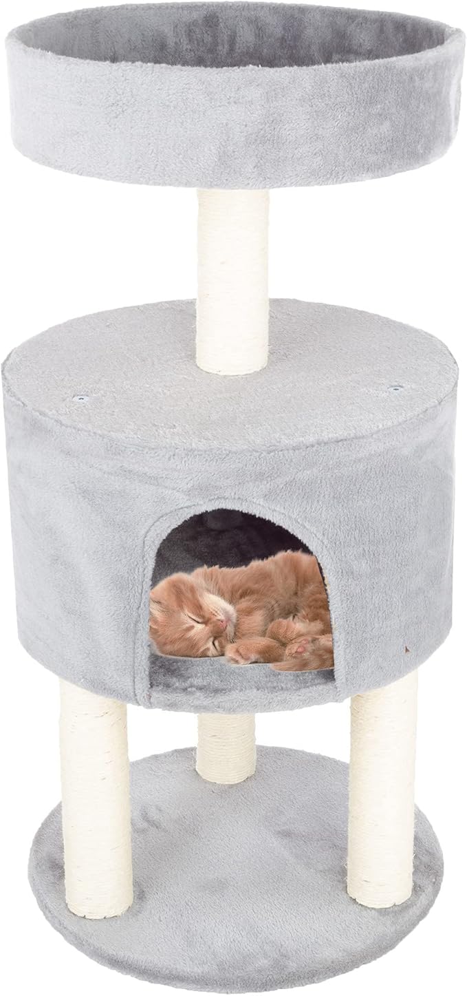 4-Tier Round Cat Tower – Large Cat Condo, Napping Perch, and 4 Sisal Rope Scratching Posts – Cat Tree for Indoor Cats by PETMAKER (Gray)