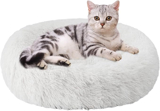 Aurako Cat Bed Dog Bed Round Cushion Pet Bed Mat Ultra Soft Plush Donut Sofa Comfortable Pillow Machine Washable Pet Cuddle Beds for Kitten Small Medium Large Dogs Cats 16" Milky White