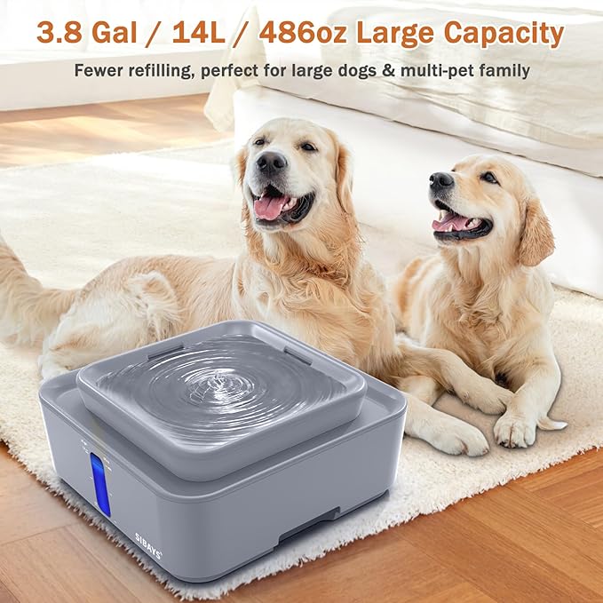 SIBAYS 3.8Gal/14L Extra Large Dog Water Fountain, No Spill Pet Water Fountain with 9" Large Filter & Powerful LED Pump & Water Shortage Reminder, Auto Dog Water Bowl Dispenser, Easy to Clean, BPA-Free