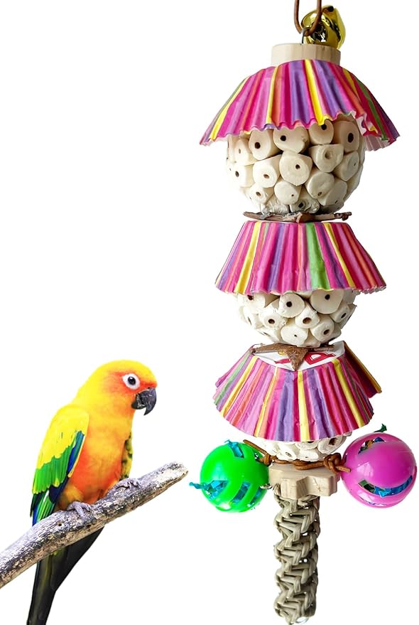 Conure Toys, Natural Bird Sola Ball Chewing Toys, Hanging Bird Parrot Foraging Shredder Toy with Bell for Parrots Parakeets Conures Cockatiels Budgie Cage Toy