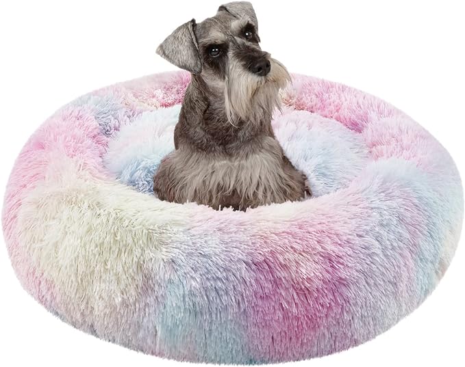 Friends Forever Donut Dog Bed Faux Fur Fluffy Calming Sofa For Medium Dogs, Soft & Plush Anti Anxiety Pet Couch For Dogs, Machine Washable Coco Pet Bed with Non-Slip Bottom, 30"x30"x7" Rainbow