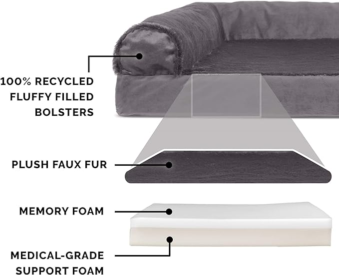 Furhaven Memory Foam Dog Bed for Large Dogs w/ Removable Bolsters & Washable Cover, For Dogs Up to 95 lbs - Plush & Velvet L Shaped Chaise - Platinum Gray, Jumbo/XL