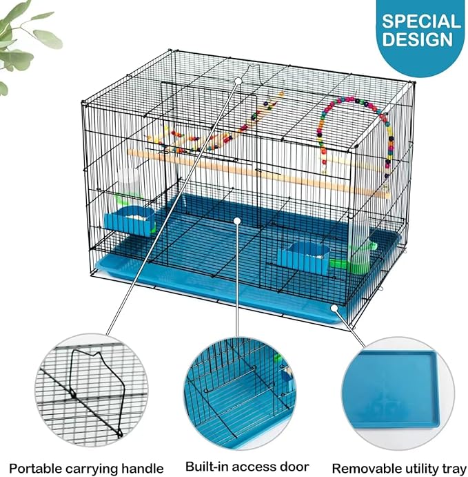 Bird Cage with Stand, Playtop, Perches, Removable Tray, and Doors for Small Parrots Parakeets Cockatiels Budgies Conures Quaker Parrot