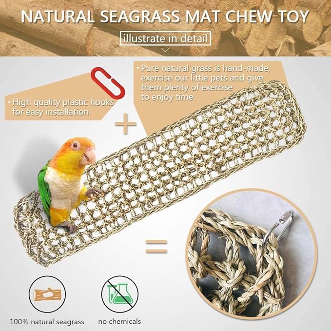 2Pcs Bird Seagrass Mat 20.5×8'' Natural Grass Woven Net Hammock Hanging on Cage Parakeet Climbing Rope Ladder Chew Toys for Lovebird Cockatiel Conure Budgie Cockatoo