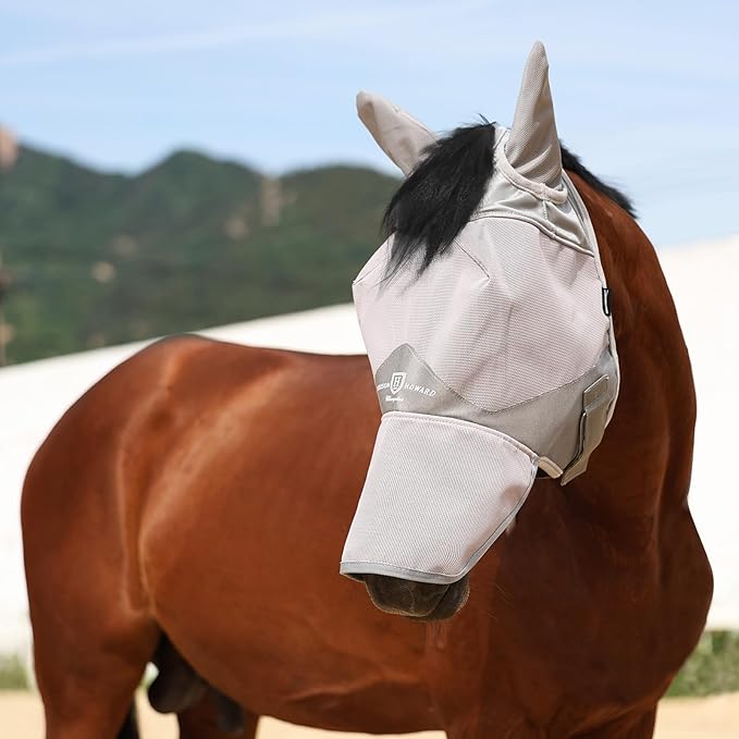 Harrison Howard Full Face Horse Fly Mask UV Protection and Breathable Mask for Equine Use Comfortable Fly Mask for Horses Grey XS