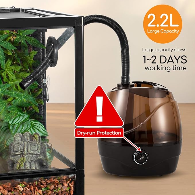 OIIBO Reptile Humidifier Fogger, 2.2L Terrarium Humidifiers with Double Extension Tube Pet Supplies Automatic Reptile Misting System Ideal for Reptiles Amphibians Herps Vivarium