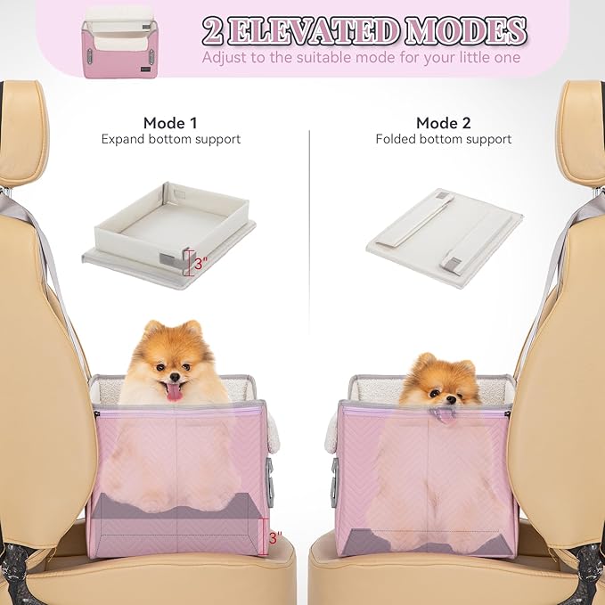 PETSFIT Dog Car Seats for Small Dogs, Portable Puppy Car Saet for Car with Clip-On Leash, Adjustable Straps Suitable for Small Pets Up to 25lbs (Light Pink)