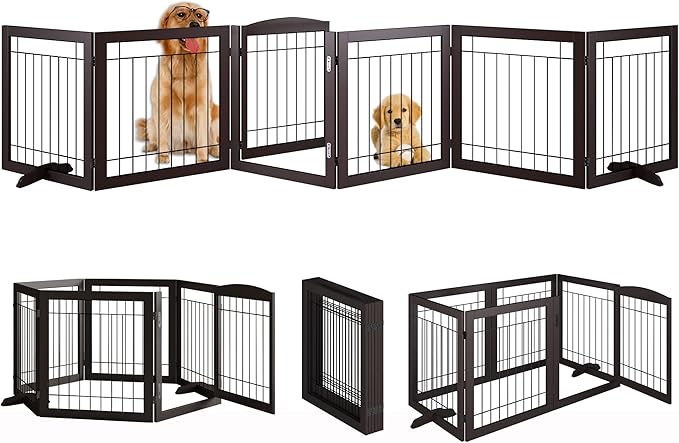 Folding Pet Gate 144" Wide, 30" Tall No-Assembly Wooden Dog Gate with Door Walk Through, Freestanding Wire Pet Gate, Pet Puppy Safety Fence, with 2PCS Support – Espresso