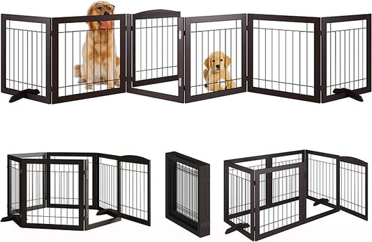 Folding Pet Gate 144" Wide, 30" Tall No-Assembly Wooden Dog Gate with Door Walk Through, Freestanding Wire Pet Gate, Pet Puppy Safety Fence, with 2PCS Support – Espresso