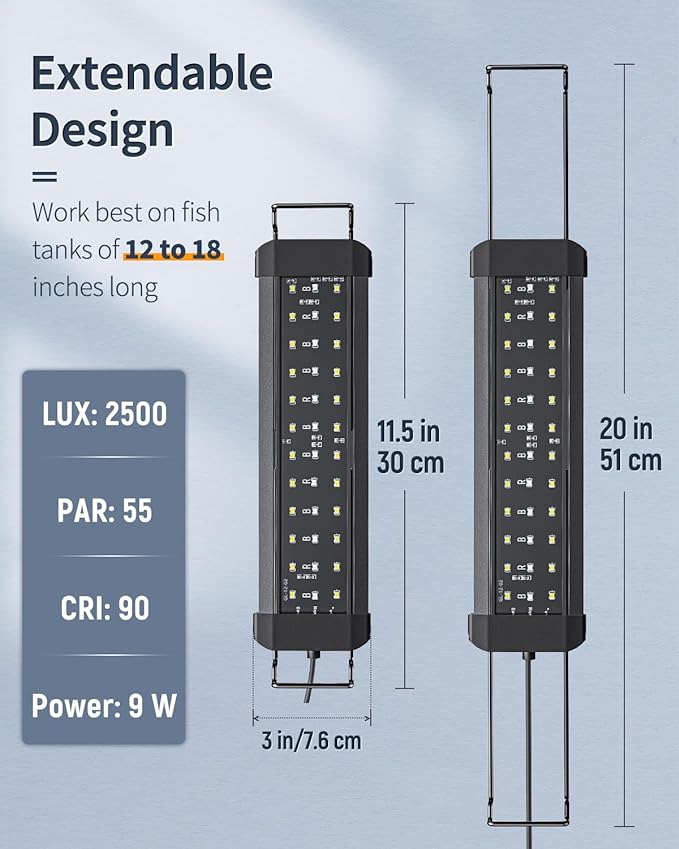 Pawfly 9W Aquarium LED Light for 12 to 18 Inch Fish Tanks Extendable Fish Tank Light with Full Spectrum Brilliant White Blue Red Lights with Daytime & Night Modes and Adjustable Brightness
