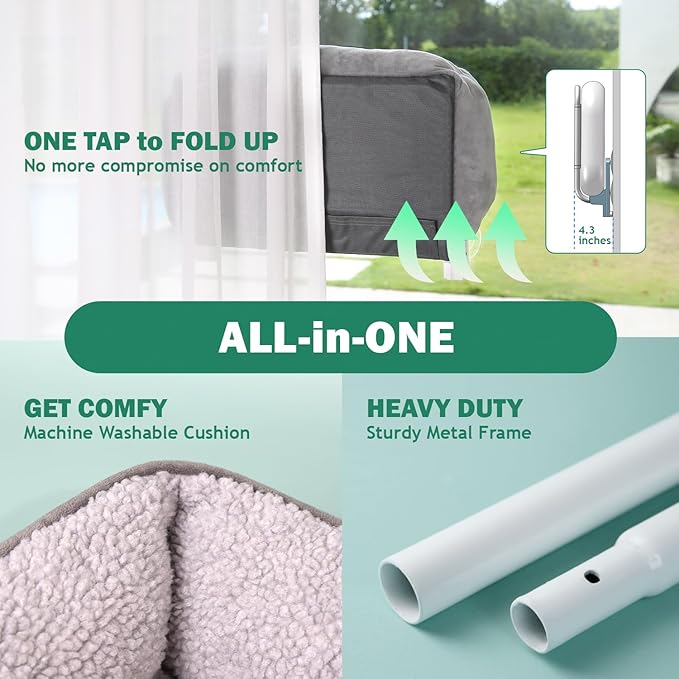 Foldable Cat Hammock for Window with Bolster - Cordless, Fold-Up, Three-Side Bolstered Machine Washable Fluffy Bed, Robust Metal Frame - Cat Window Perch for Large Cats and Kittens - Gray