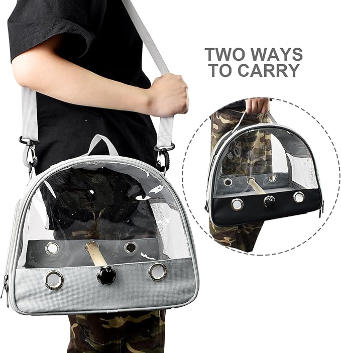 Bird Travel Carrier with Standing Perch,Lightweight Breathable Parrot Cage, Small Pet Carrier Bag with Shoulder Strap,Bird Rat Guinea Pig Squirrel Carrier (Grey)