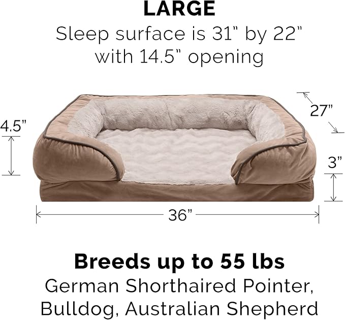 Furhaven Memory Foam Dog Bed for Large/Medium Dogs w/ Removable Bolsters & Washable Cover, For Dogs Up to 55 lbs - Plush & Velvet Waves Perfect Comfort Sofa - Brownstone, Large