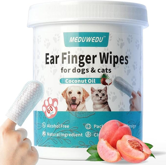 Ear Cleaner Finger Wipes 60 Counts, Dog Ear Cleaner, Grooming Kit Care for Dogs and Cats, Soft & Easy Otic Cleaning Pads, Remove Wax, Dirt & Stop Smelly, Itchy, Non-Irritating, Peach Scent