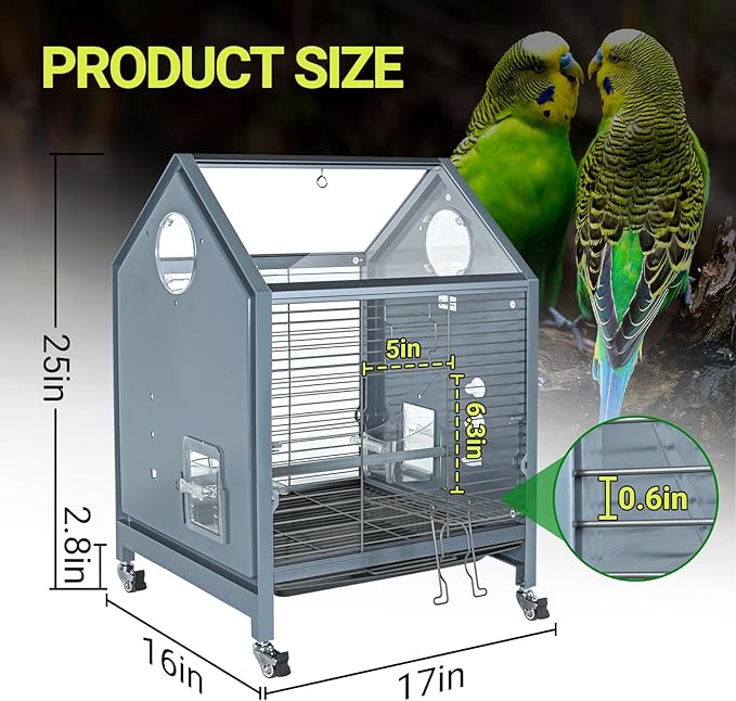 Acrylic Bird Cage, 25 inch Medium Parrot Cage for Parakeet Cockatiel Conure Lovebird, Panoramic View Bird Cage with Water Bottle Bird Feeder Perch Rolling Stand