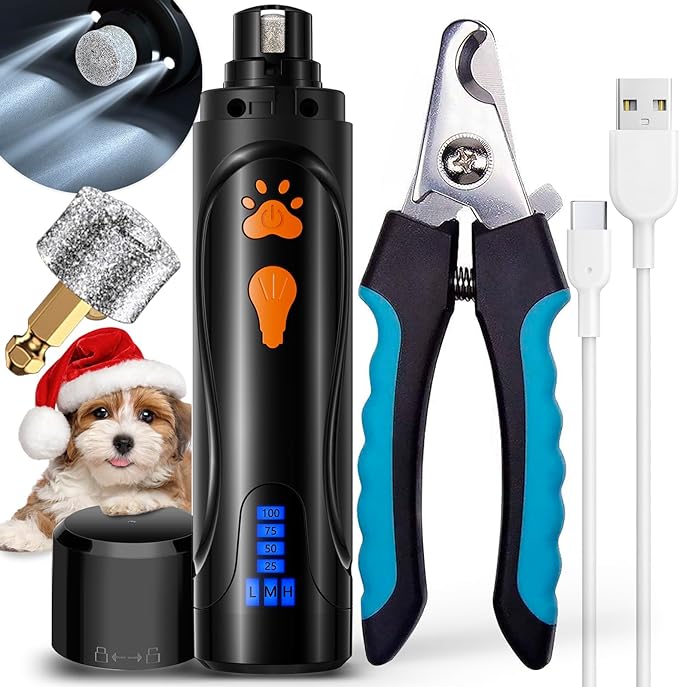 Dog Nail Grinder, Dog Nail Trimmers and Clippers Kit, Super Quiet Electric Pet Nail Grinder, Rechargeable, for Small Large Dogs & Cats Toenail & Claw Grooming,3 Speeds, Dual Lights, 2 Grinding Wheels