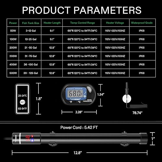 VIVOSUN Submersible Aquarium Heater with Thermometer Combination, 50W Titanium Fish Tank Heaters with Intelligent LED Temperature Display and External Temperature Controller