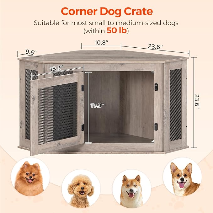 Corner Dog Crate Furniture, Wooden Dog Kennel End Table, Decorative Pet Crate Indoor Use, Furniture Style Dog House for Small Medium Dog, Dog Cage TV Stand, Greige and Black DCHG0801