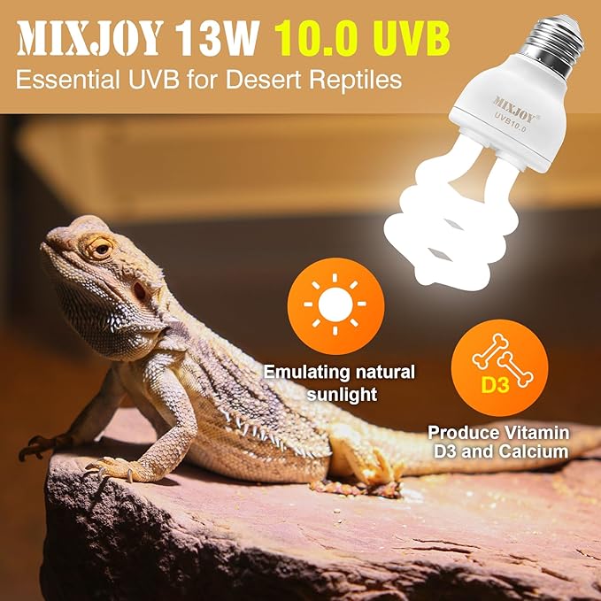 MIXJOY 2Pack UVB Bulbs for Reptiles 10.0, 13W Desert UVA UVB Light, Compact Fluorescent UVB Lamp for Reptiles, UVB Light for Bearded Dragon, Tortoise, and Other Lizards