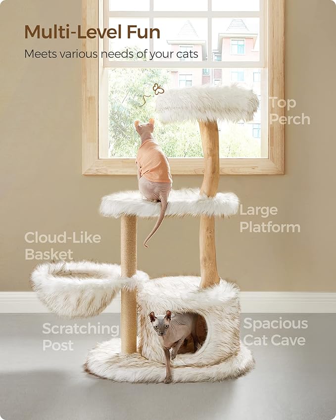 Feandrea Modern Cat Tree, Wood Cat Tower for Large Cats up to 22 lb, 48.4-Inch Luxury Cat Condo with Scratching Post, Perch, Cave, Basket, White UPCT144W01