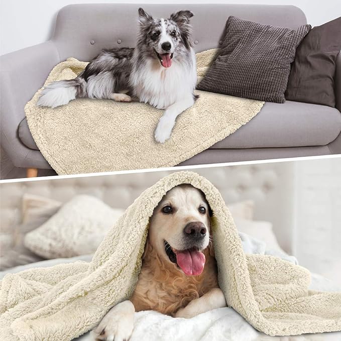 PetAmi Fluffy Waterproof Dog Blanket for Medium Large Dogs, Soft Warm Pet Sherpa Throw Pee Proof Couch Cover, Reversible Cat Bed Blanket Sofa Protector, Plush Washable Pad (Beige Cream, 40x60)