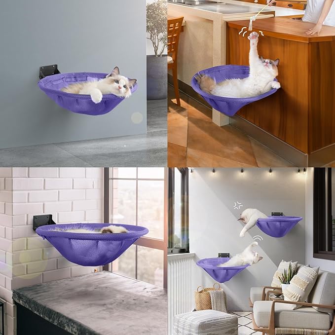 Cat Hammock Wall Mounted, Foldable & Stable Cat Beds- Breathable Cat Wall Shelves for Sleeping, Playing, Climbing, and Lounging - Maximum Hold Up to 30lb (Purple)