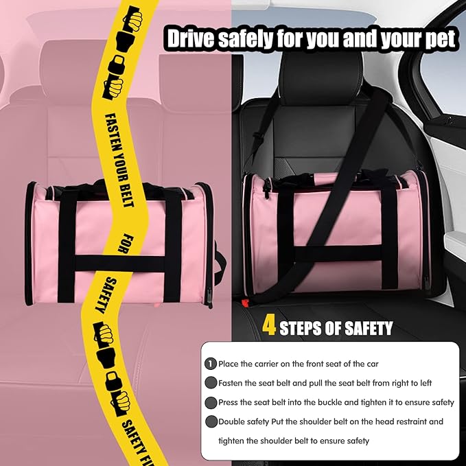 Cat Carrying Case - Pet Carrier Airline Approved, Protable and Breathable Pet Travel Carrier Removable Fleece Pad, Collapsible Cat Carrier Dog Carrier for Medium Cats Small Cats Dogs (Medium, pink)