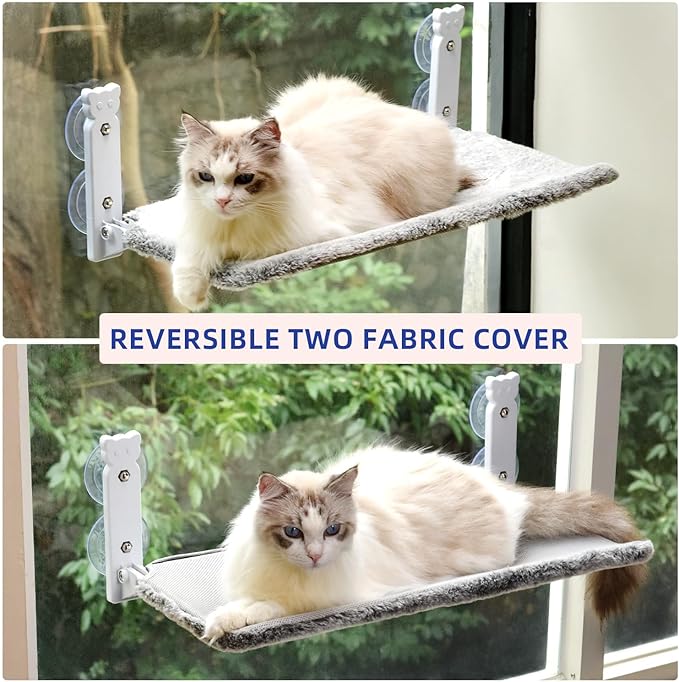 Cat Window Perch Cordless Cat Hammock with 4 Strong Suction Cups Foldable Cat Bed for Indoor Solid Metal Frame and Soft Reversible Two Fabrics Cover Hold Up to 40lbs Large