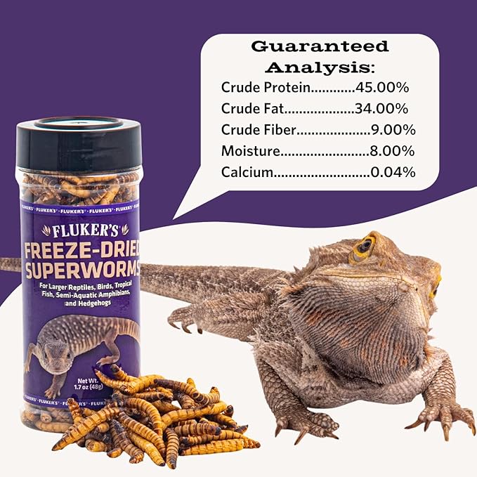 Fluker's Freeze Dried Superworms, for Reptiles, Ideal for Lizards, Reptiles, Birds, Fish, Hedgehogs, 1.7 oz