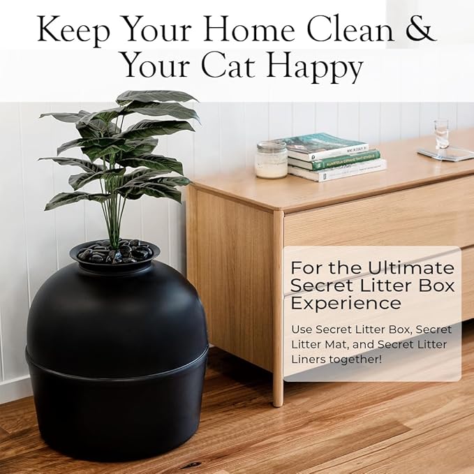 Secret Litter Box by Bundle & Bliss - Hidden Litter Box Enclosure with Odor Control Carbon Filter, Faux Plant and Real Stones, Perfect for Large Cats (Matte Black)