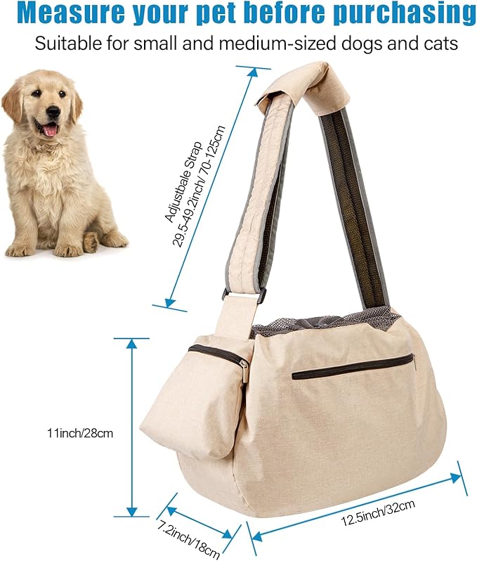 Ownpets Pet Sling Carrier, Fits 15 to 20lbs Extra-Large Dog/Cat Sling Carrier Reversible and Hands-Free Dog Bag with Adjustable Strap and Pocket Shoulder Pad, Beige