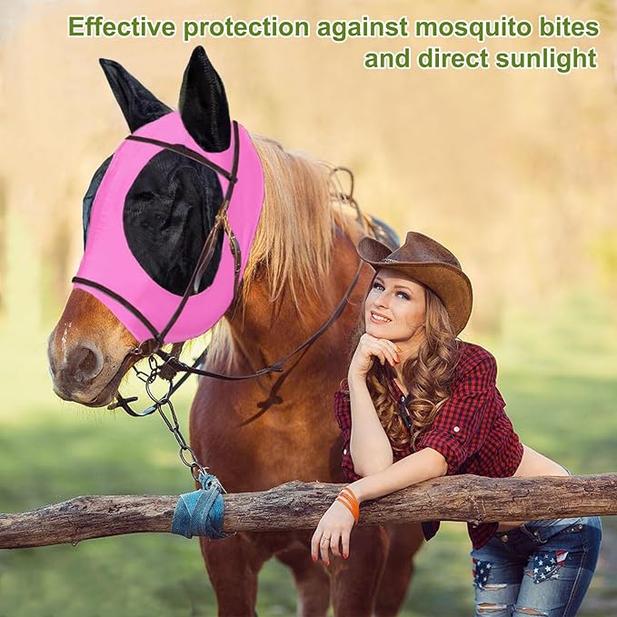 3 Pcs Horse Fly Mask-Fly Masks for Horses with Ears, Breathable Elastic Fabric for Sun Protection for Large/Medium Size Adult Horses (Purple-Pink-Gray, Large)