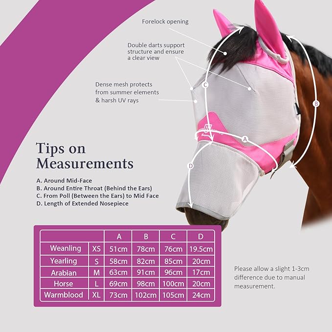 Harrison Howard Full Face Horse Fly Mask UV Protection and Breathable Mask for Equine Use Comfortable Fly Mask for Horses Magenta XS