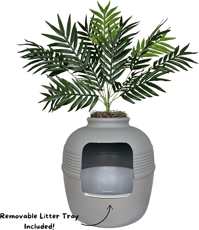 Good Pet Stuff, Original Hidden Litter Box & Reusable Liner Essentials Kit, Round Enclosed Cat Planter Litter Box with Artificial Plants, Vented Carbon Odor Filter System, Easy to Clean, Stone Gray