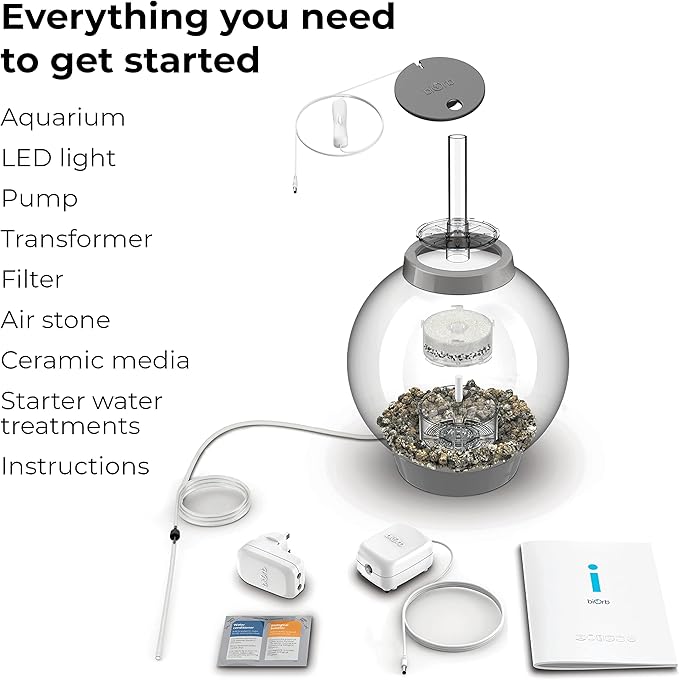 biOrb CLASSIC 15 Acrylic 4-gallon Aquarium with White LED Lights Modern Compact Tank for Tabletop or Desktop Display, Silver-Trimmed Tank