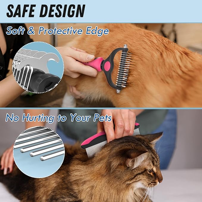 Pet Grooming Brush and Metal Comb Combo, Cat Brush Dog Brush for Shedding, Undercoat Rake for Dogs Grooming, Dematting Deshedding Brush Dogs Shedding Tool for Long matted Haired Pets, Pink