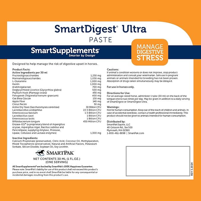 SmartPak SmartDigest Ultra Paste Digestive Health and Support Horse Supplement | Provides Prebiotics, Probiotics, Digestive Enzymes, Butterscotch Flavor, Pack of 6 Tubes