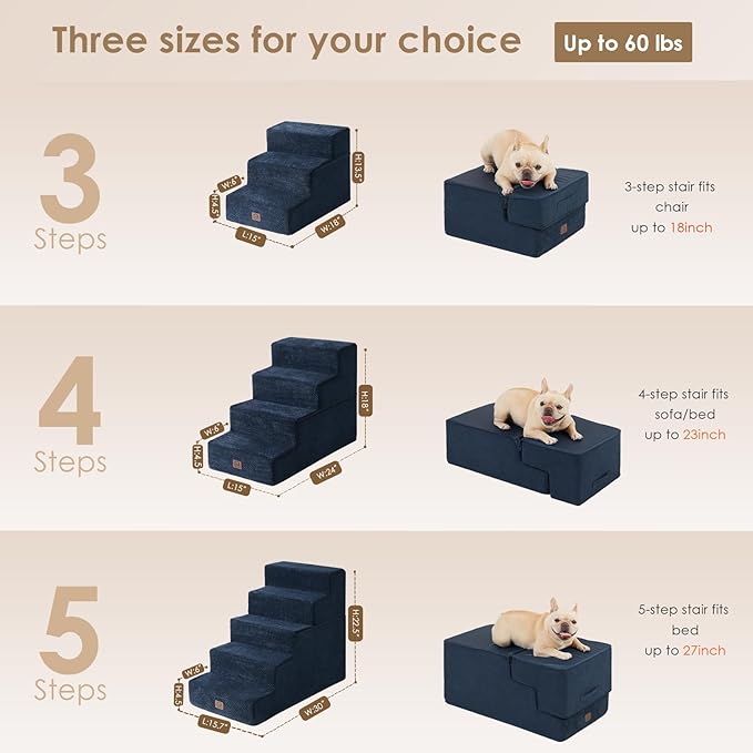 EHEYCIGA Dog Stairs for High Bed 22.5”H, 5-Step Dog Steps for Bed, Pet Steps for Small Dogs and Cats, Non-Slip Balanced Dog Indoor Ramp, Navy Blue