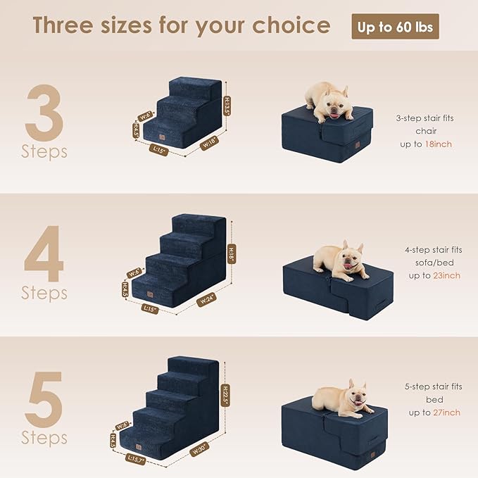 EHEYCIGA Dog Stairs for Small Dogs 13.5" H, 3-Step Dog Steps for Couch Sofa and Chair, Pet Steps for Small Dogs and Cats, Non-Slip Balanced Dog Indoor Ramp, Navy Blue