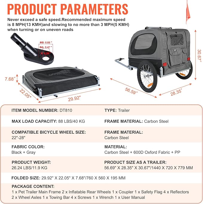 VEVOR Dog Bike Trailer, Supports up to 66/88/100 lbs, Pet Cart Bicycle Carrier, Easy Folding Frame with Quick Release Wheels, Universal Bicycle Coupler, Reflectors, Flag, Collapsible to Store