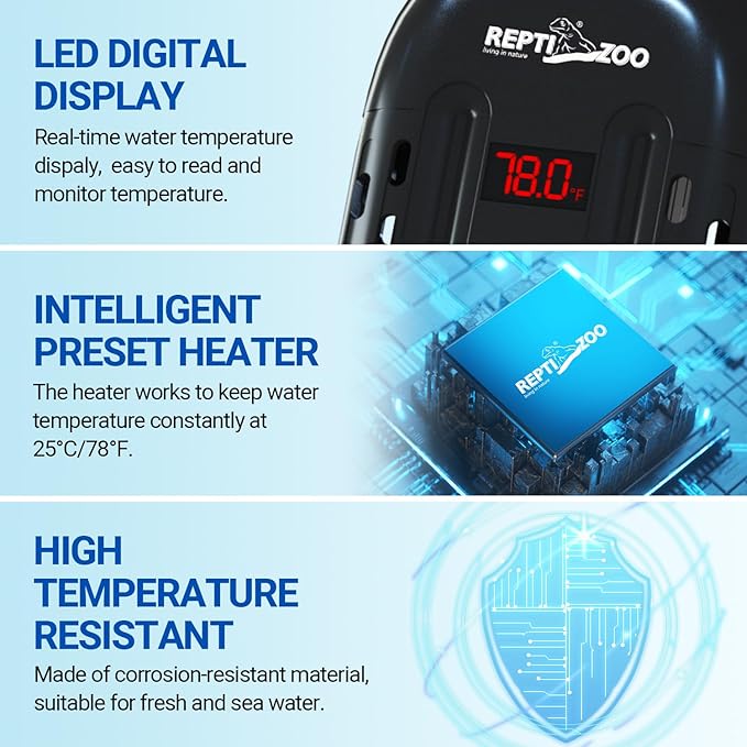 REPTIZOO 150W Aquarium Heater, 78℉ Preset Turtle Heater with LED Digital Display Submersible Mini Fish Tank Heater Aquarium Heater for 18-30 Gallons, Tank Heater for Turtle Betta Fish