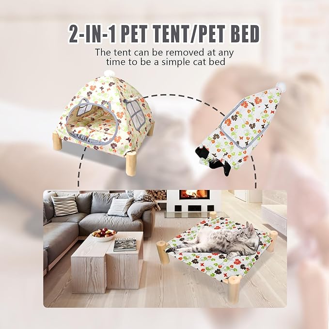 Pozico 2 in 1 Cat Bed Tent Wooden Frame Cat Teepee Cat Hammock, Quick Assembly and Disassembly, Portable Indoor/Outdoor Pet Dog Tent House for Cats Puppies Small Animals:Flowers Leaves Tent