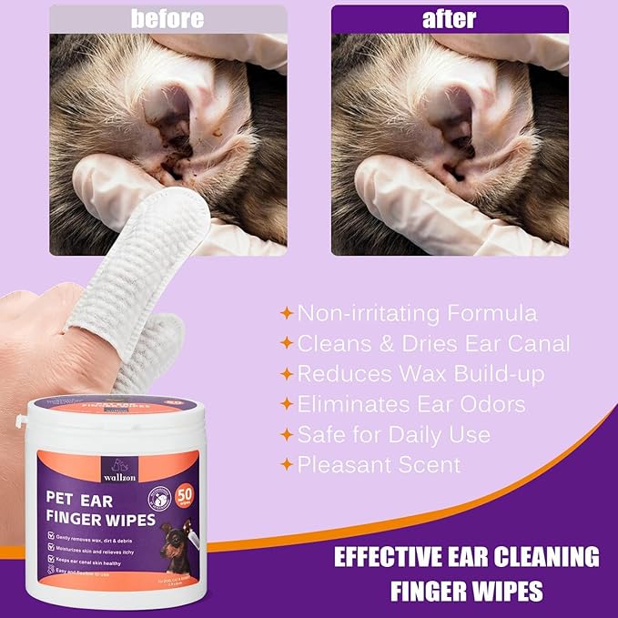 Ear Cleanser Relief Finger Wipes | Ear Cleaning Finger Wipes for Dogs and Cats | Disposable Pet Ear Cleaner Wipes | Relieve Itching & Remove Odor | Ear Care Wipes for Pet (100 Counts)