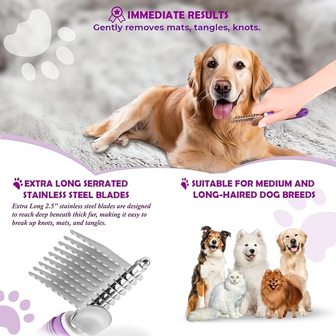 Dematting Undercoat Rake Comb for Dogs & Cats with Long 2.5-In Stainless Steel Safety Blades for Removing Knots, Mats & Tangles - Pet Grooming Deshedding Brush Tool with Anti-Slip Grip