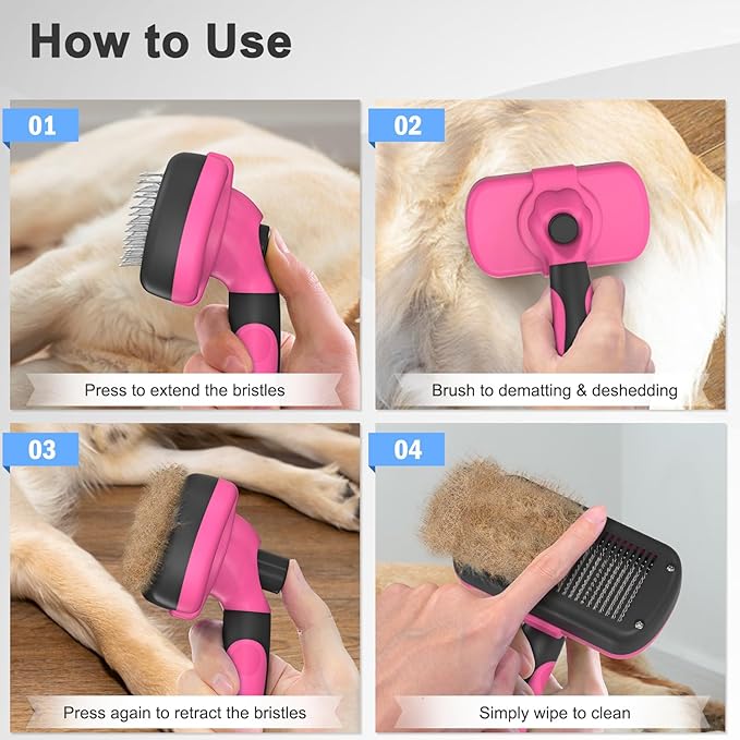 Self Cleaning Shedding Brush for Dogs & Cats, Skin Friendly Cat Brush, Dog Grooming Brush, Dog Brush for Shedding, Deshedding Brush, Puppy Brush Hair Brush for Haired Dogs, Pink