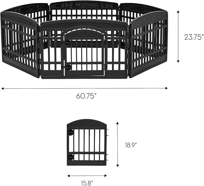 IRIS USA Dog Playpen, 6-Panel 24" Pet Playpen with Door, Puppy Playpen, Indoor/Outdoor Dog Pen, 60 x 60 x 24,Foldable, Customizable, Black